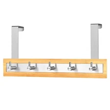 TOWEL RACK Bamboo Wood Stainless Steel Over The Door 5 Hooks TOILETTREE PRODUCTS