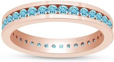 Round Cut Simulated Aquamarine Full Eternity Band Ring14K Gold Plated Silver