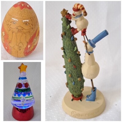 3 Christmas Figurines Russian Wood Egg Light Up Tree Blossom Bucket Snowmen