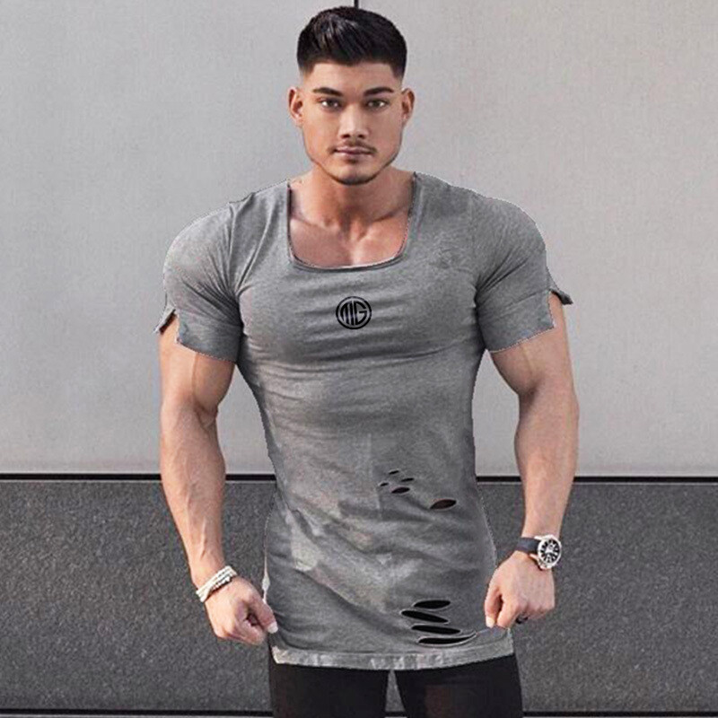Men's Fashion Slim Sports Fitness Short Sleeve T-shirt  Square Collar