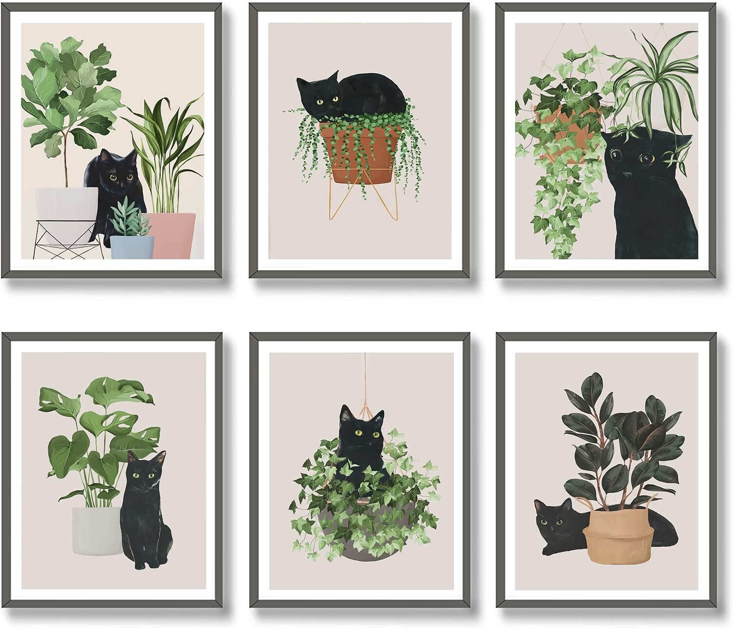 6pcs Cute Black Cat Botanical Wall Art, Green Leaves Plants Boho Wall Art Can...