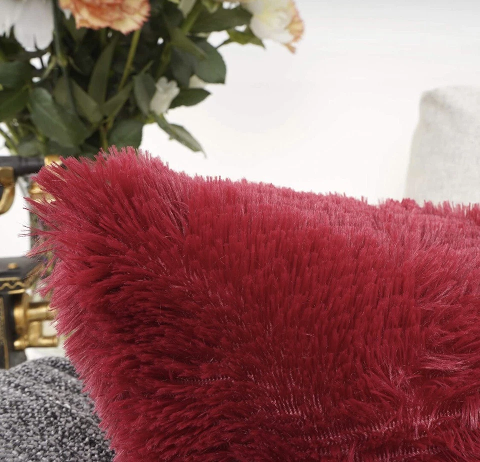 Pack of 2 Faux Fur Throw Pillowcase 18 in x 18 in Wine Red - A0159 - Image 2 of 3