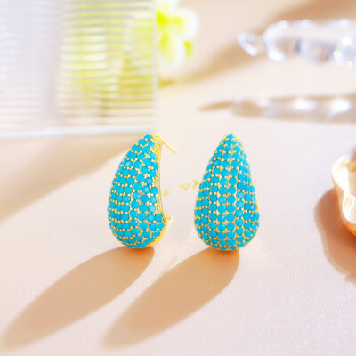 Gold Plated Blue Turquoise Water Drop Earrings Dangle Women Wedding Jewelry Gift
