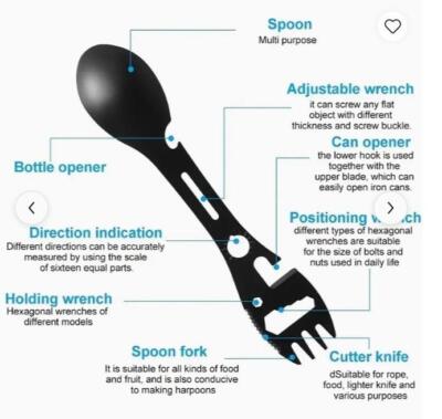 UK ~ 9 IN 1 MULTIFUNKTIONALES STAHLMESSER SPORK GADGET OUTDOOR ZINNÖFFNER CAMPING