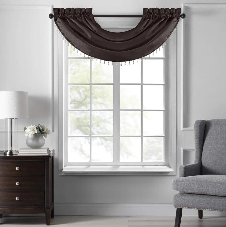 Elrene Home Colette Faux Silk Waterfall Beaded Valance, 42x22”, Chocolate 👍