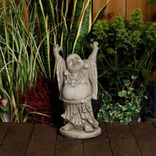 Happy Buddha Garden Statue Ornament Hands Up Solid Stone Cast UK Handmade 32cm