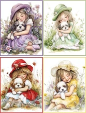 8 GIRL WITH PUPPY DOG GLOSSY BLANK NOTE CARD WITH ENVELOPES ORGANZA BAG set 2