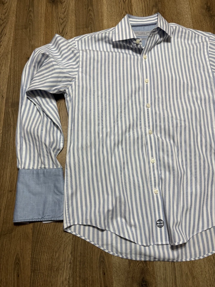 Camisa Marc New York Para Hombre 15 32/33 Azul Blanco Rayas Abotonada Ajuste Auténtico Foto 3 de 4