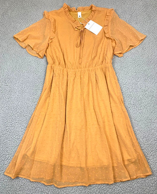 Mimi + Daphne Ella Swiss Dot Dress Orange Mustard Ruffle Flutter Sleeve NWT L