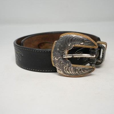 VTG Crumrine Western Belt Black Leather Heavy Silver Plate Bronze Buckle USA 35