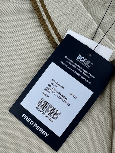 Fred Perry Shirt Men's XL Oatmeal Twin Tipped Long Sleeve Polo M3636 NWT - Picture 4 of 12
