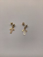 14k Yellow Gold Cross Dangle Stud Earrings Signed MC -0.70 Grams-