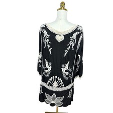 Boho Embroidered Bird Heart Lace Trim V-Neck Tunic Dress Black White 3/4 Sleeve