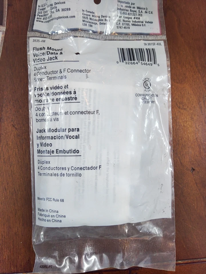 Qty. 6 COOPER 3535 White TV Coax Phone Duplex Voice/Data & Video Jack Wallplate - Image 3 of 4