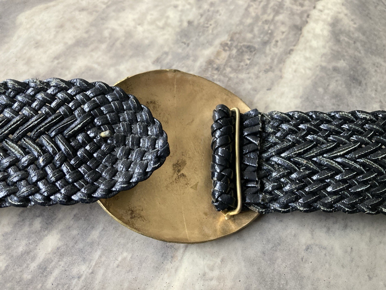 RARE-VTG Black Braided Leather Belt Large Metal Buckle Faux Gems Retro-2.5" Wide image 9