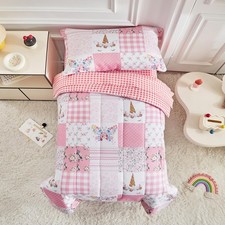 4 Piece Toddler Bedding Set for Girls- Pink Butterflies n Flowers Patchwork T...