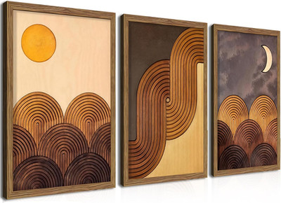 Geometric Boho Wall Art Set of 3 - Sun Moon Prints with Wooden Frame 16x24In