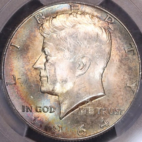 1964 P Kennedy Half Dollar PCGS MS65 Rainbow Toned Obverse, FREE SHIPPING