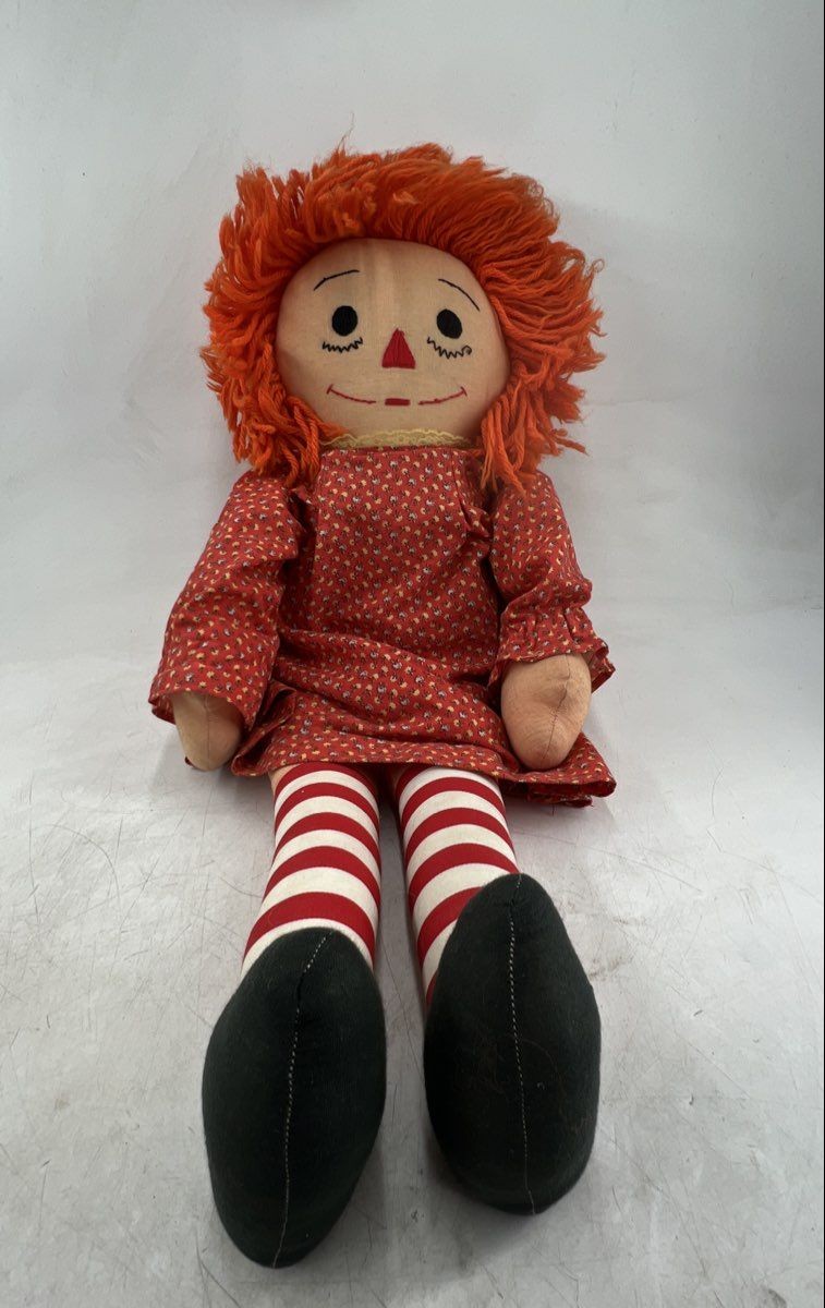 Vintage Red Yarn Hair Floral Dress Embroidered Face Raggedy Ann Doll 24