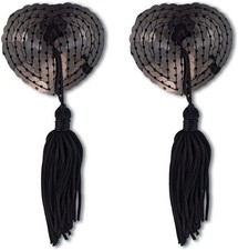 Reusable Sequin Heart Nipple Covers Silicone Pasties Bra with Tassel Pads-Black