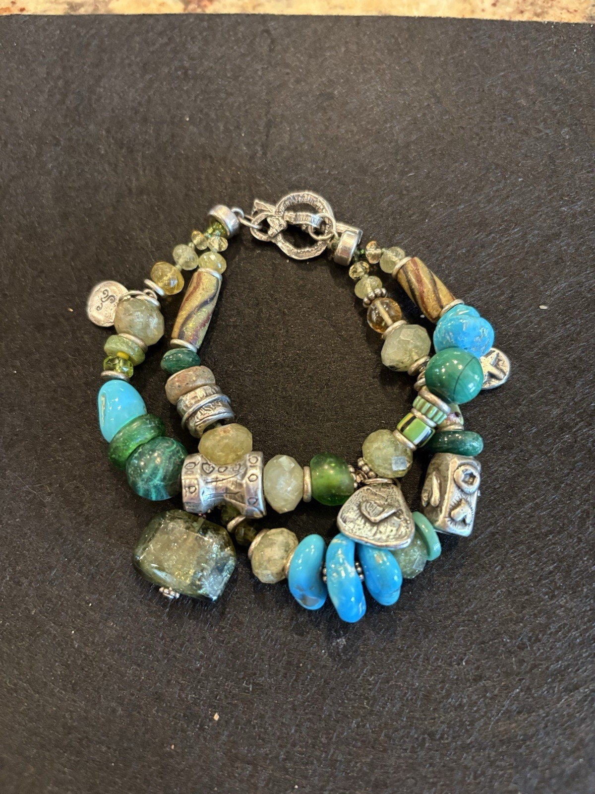 Jes Maharry Silver Double Strand Bracelet With Turquoise Stones And Gemstones