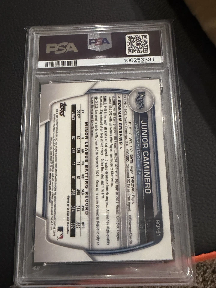 2023 Bowman - Chrome Prospects Junior Caminero #BCP-61 Mojo Refractor PSA 10 - Image 2 of 2