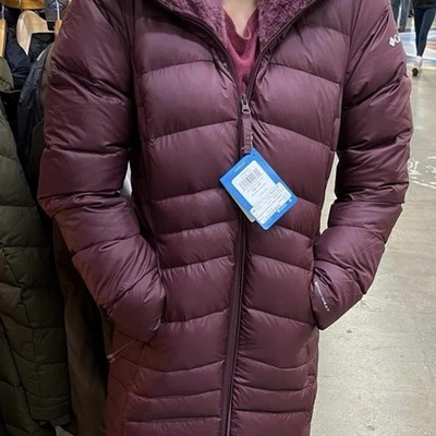 Columbia Women's Long Hooded Maroon Puffer Coat Water-Resistant Zipped Pockets