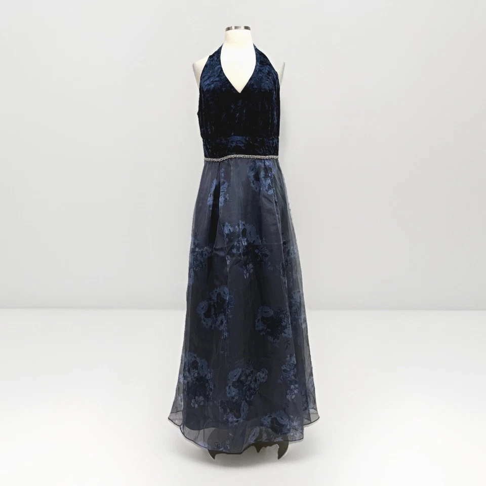 Ignite Evenings 蓝色花卉吊带礼服正式礼服 14 码天鹅绒派对假日 — 第 2/4 张图片