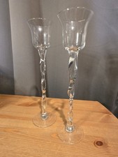 Pair of HandBlown Twisted Glass Goblet Style Candle Holders or Vases, 12" tall