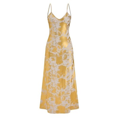 Commense Gold Metallic Print Backless Maxi Slip Dress L - Resort Goddess Glam