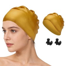 Silicone Swim Cap Set with Waterproof Earplugs, 9.1 x 7.9"  1 Set  Gold
