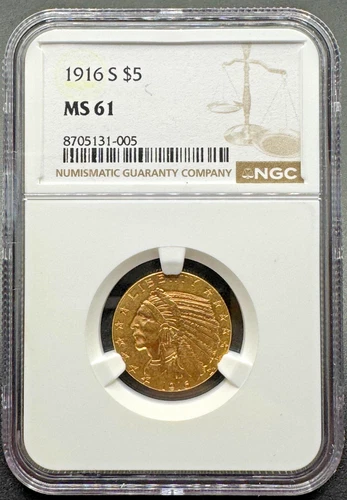 1916-S $5 INDIAN HEAD GOLD HALF EAGLE NGC MS61 01XEAF26