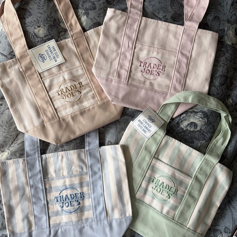 4 Trader Joe’s Mini L Spring 2026 Pastel Canvas Tote Bags STRIPED