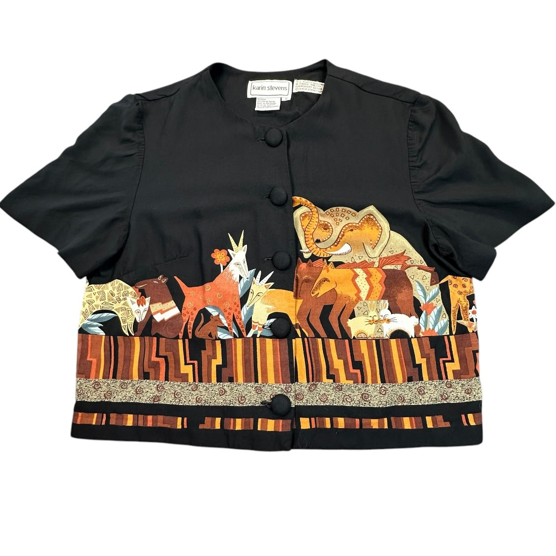 Karin Stevens Vintage Blouse Women 8 Black Brown Animal Print Lightweight Button