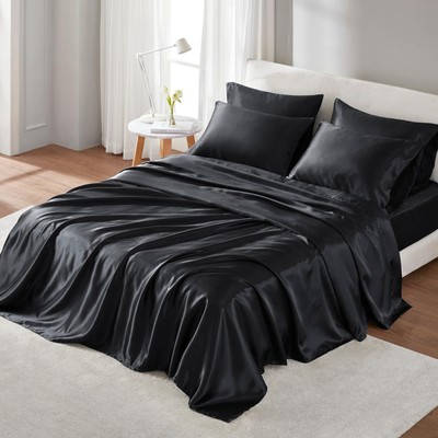 Satin Sheet Set Luxury and Silky with Natural Sheen, Elastic 14'' Pocket fits ...