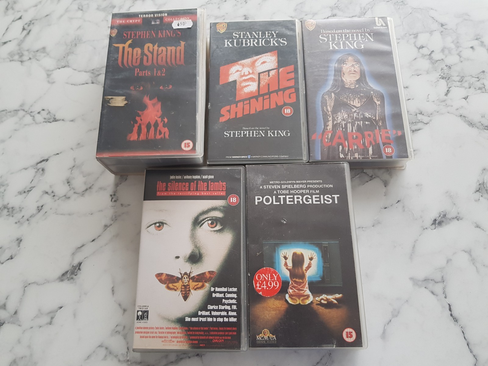 X5 Horror VHS Film Tapes Stephen King The Shining,Carrie,The Stand,Poltergeist