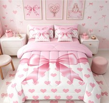 7 PCS Pink Bowknot Bedding Set Kids Girls Room Comforter Sheets Quilt Cover