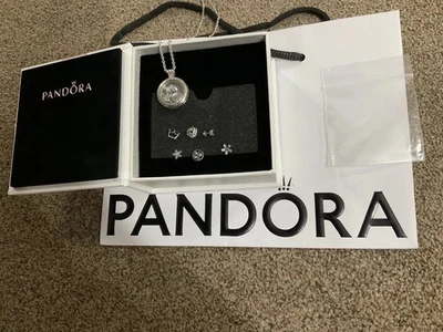 Pandora Sterling Silver Necklace & 9 Floating Locket Pendant Charms Boxes & Bag - Image 1 of 4