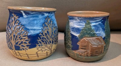(2) Signed Freeman Pottery Eagle Springs NC Votive Holders / Mini Drinking Cups