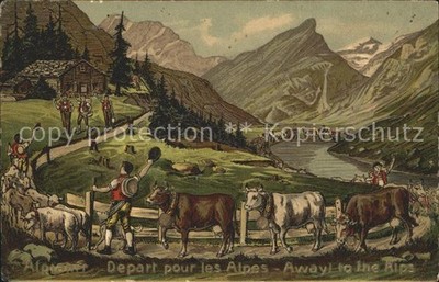 Kuehe Alpfahrt Senner Litho 