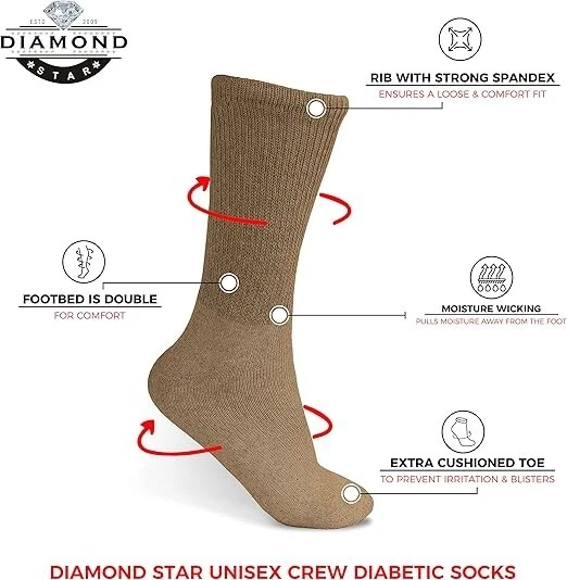 5~20 Dozens Wholesale Men Women Diabetic Crew Socks Khaki Size 9-11 10-13 13-15 - Image 2 of 4