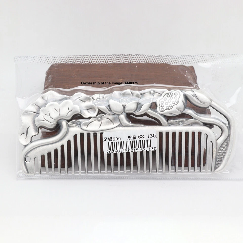 Peine de pelo de plata fina pura plata pura 999 mango de loto cuidado del cabello 3,97 pulgadas/68 g Foto 3 de 4
