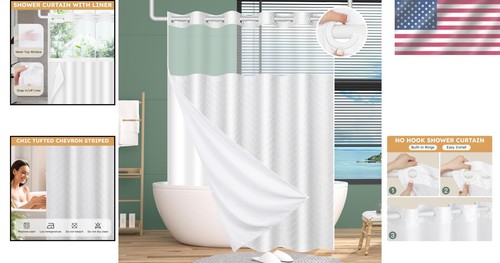 Versatile No Hook Shower Curtain Set - Stylish Tufted Chevron & Liner Included - Picture 2 of 8
