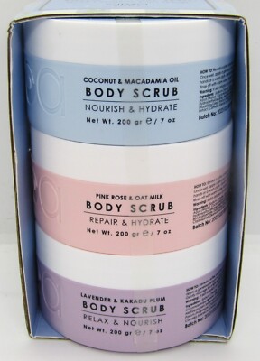 Ciroa Body Scrub Trio. Coconut & Macadamia Oil/Pink Rose & Oat Milk/Lavender & K