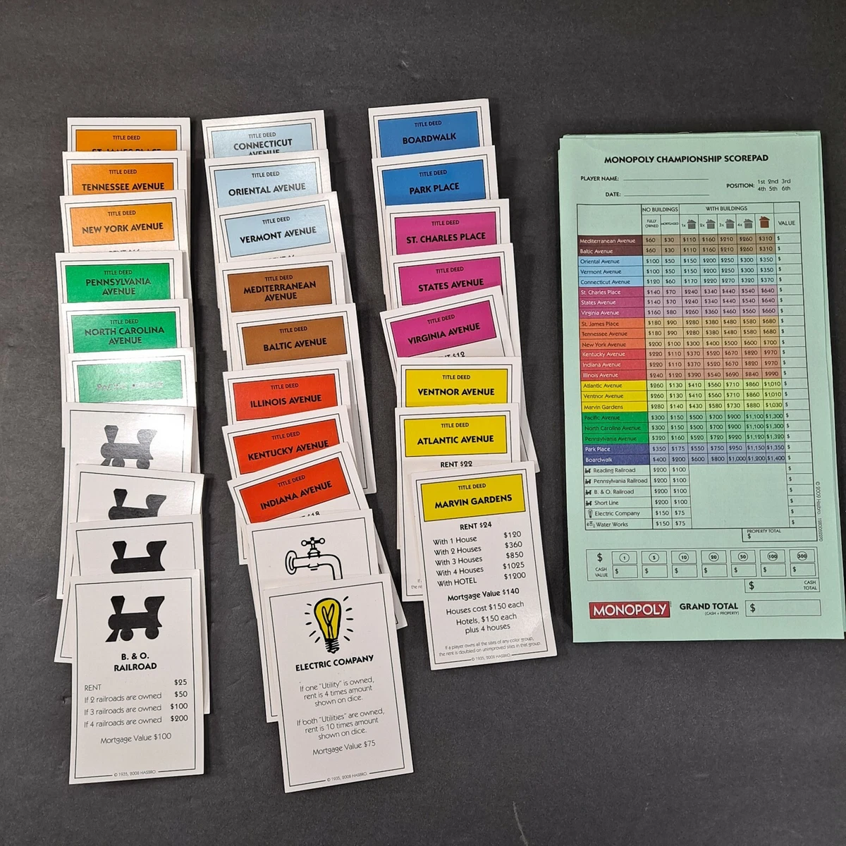 MONOPOLY Championship Edition 2009 replacement Score Pad & Title Deed Cards