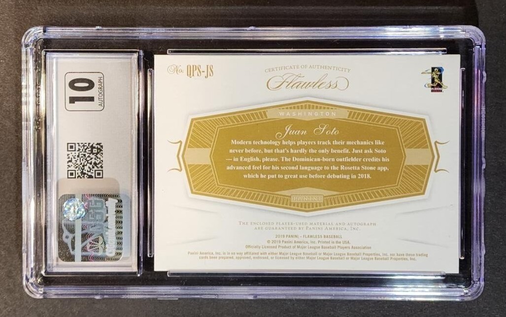 2019 Panini Flawless Quad Patch Auto Juan Soto 01/5 CSG 9.5 Mint Plus view 2