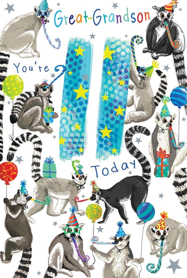 Great Grandson 11th Birthday Card Age 11 Lemurs Party Fun w/ Lovely Verse Insert