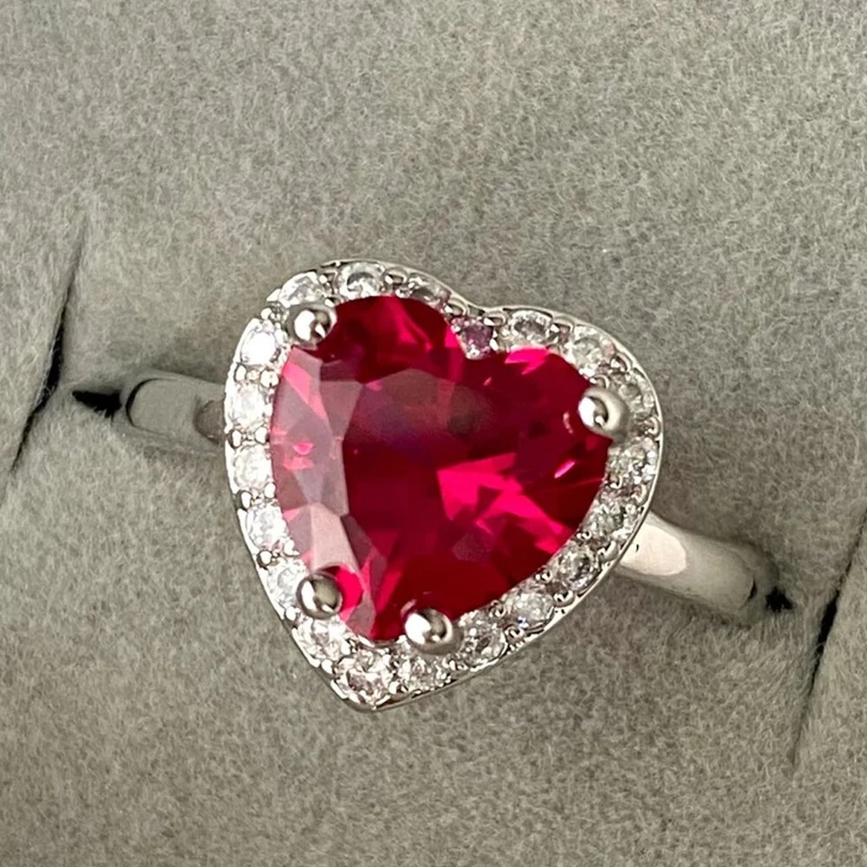 3.80Ct Heart Shape Natural Ruby & Diamond Engagement Ring 18K White Gold Plated - Image 2 of 4