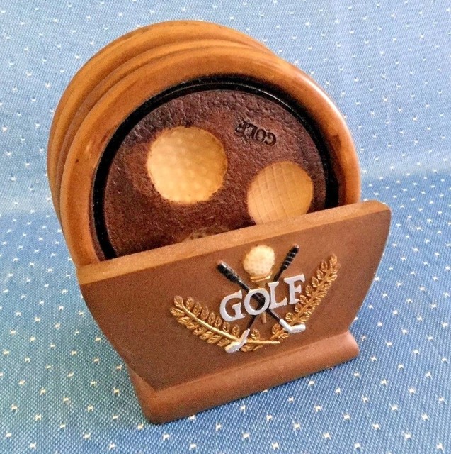 Golf coaster set(4) with rack, ceramic, heavy, 3.5" round with felt