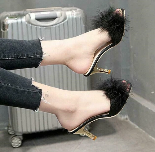 Damen High Heels Hausschuhe Flauschig Fell Peeptoe Stiletto Party Schuhe Pantoletten Sandalen - Bild 6 von 27